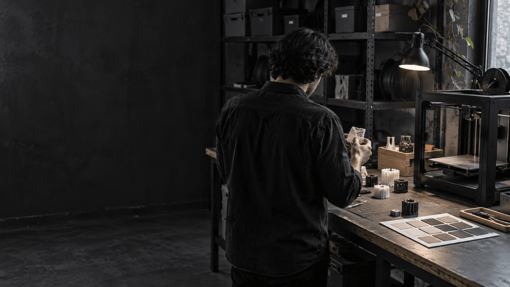 从背后拍摄的协作者在 3D 打印工作台前检视样件